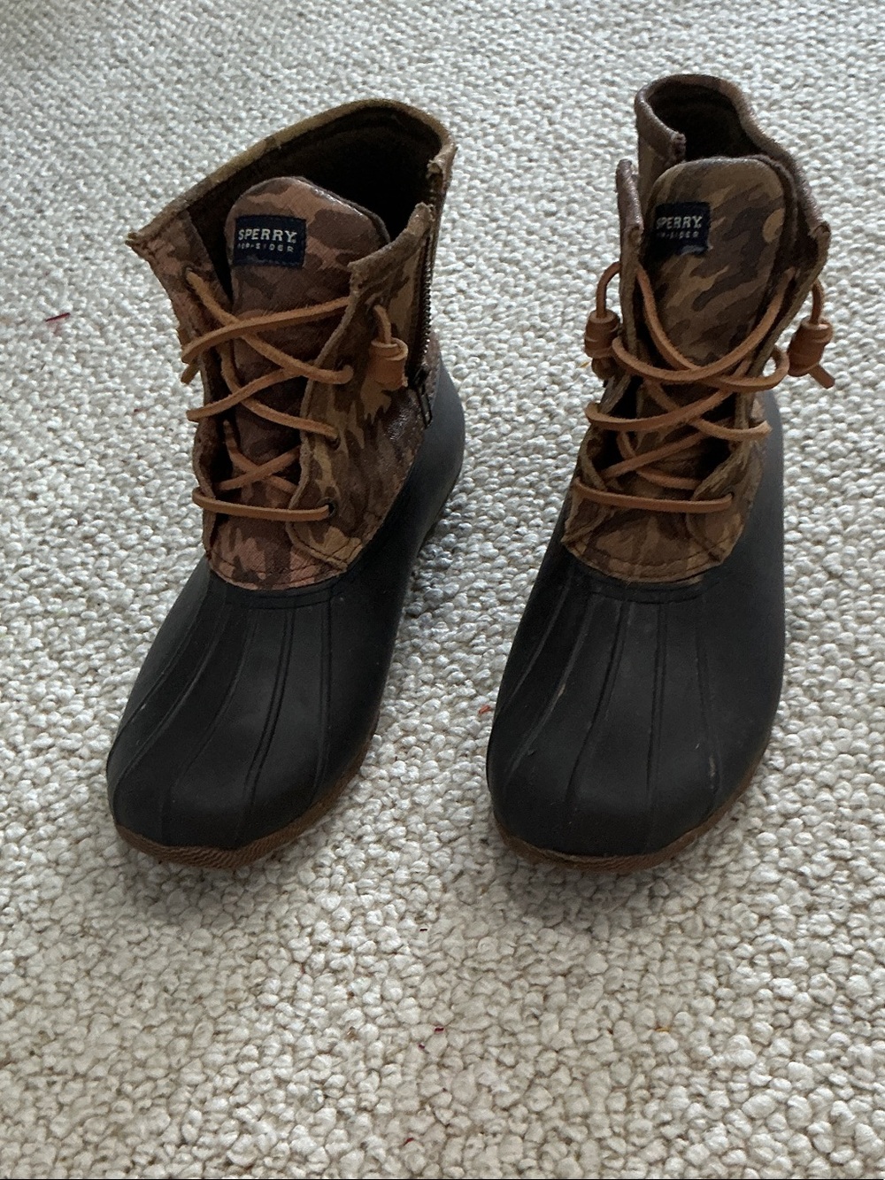Sperry Camo Upper Rubber Duck Boots in Brown and Black